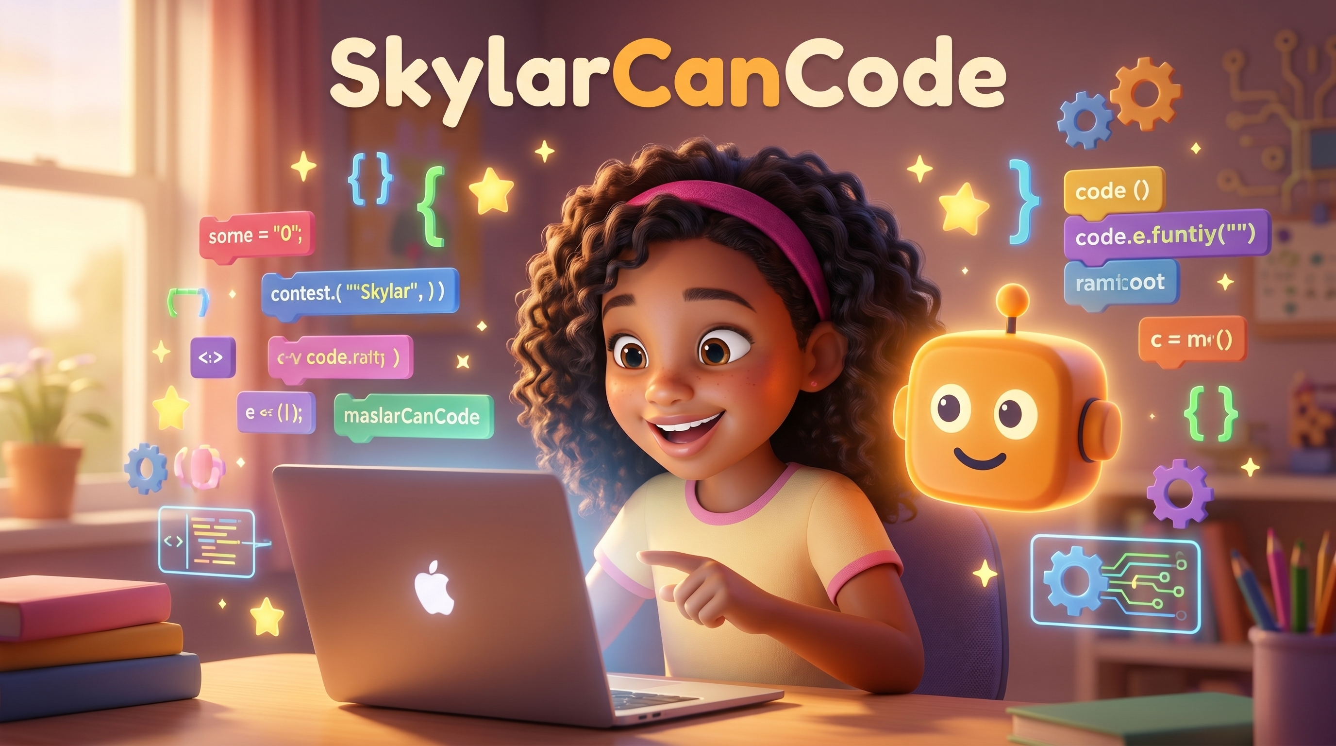 A girl and her robot coding companion on SkylarCanCode